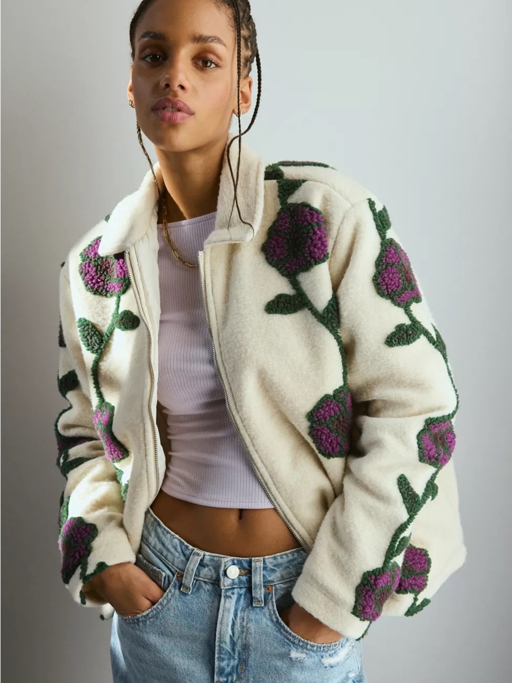OBEY Fields Floral Jacquard Fleece Jacket Cream & Purple Sherpa Teddy Coat Small